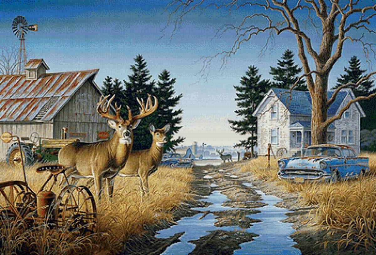 Лесные гости - олени, машина, домик, пейзаж - предпросмотр