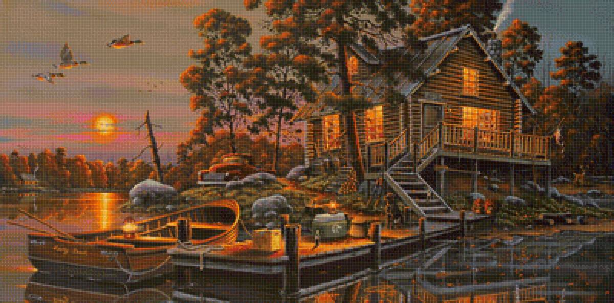 Закат - пейзаж, дом, озеро - предпросмотр
