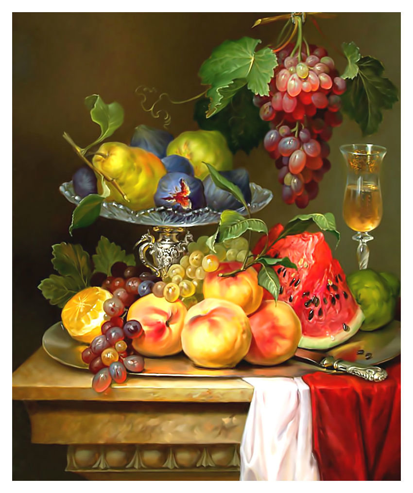 Фруктовый натюрморт. - фрукты, виноград., ягоды, бокал, натюрморт, виноград, арбуз - оригинал