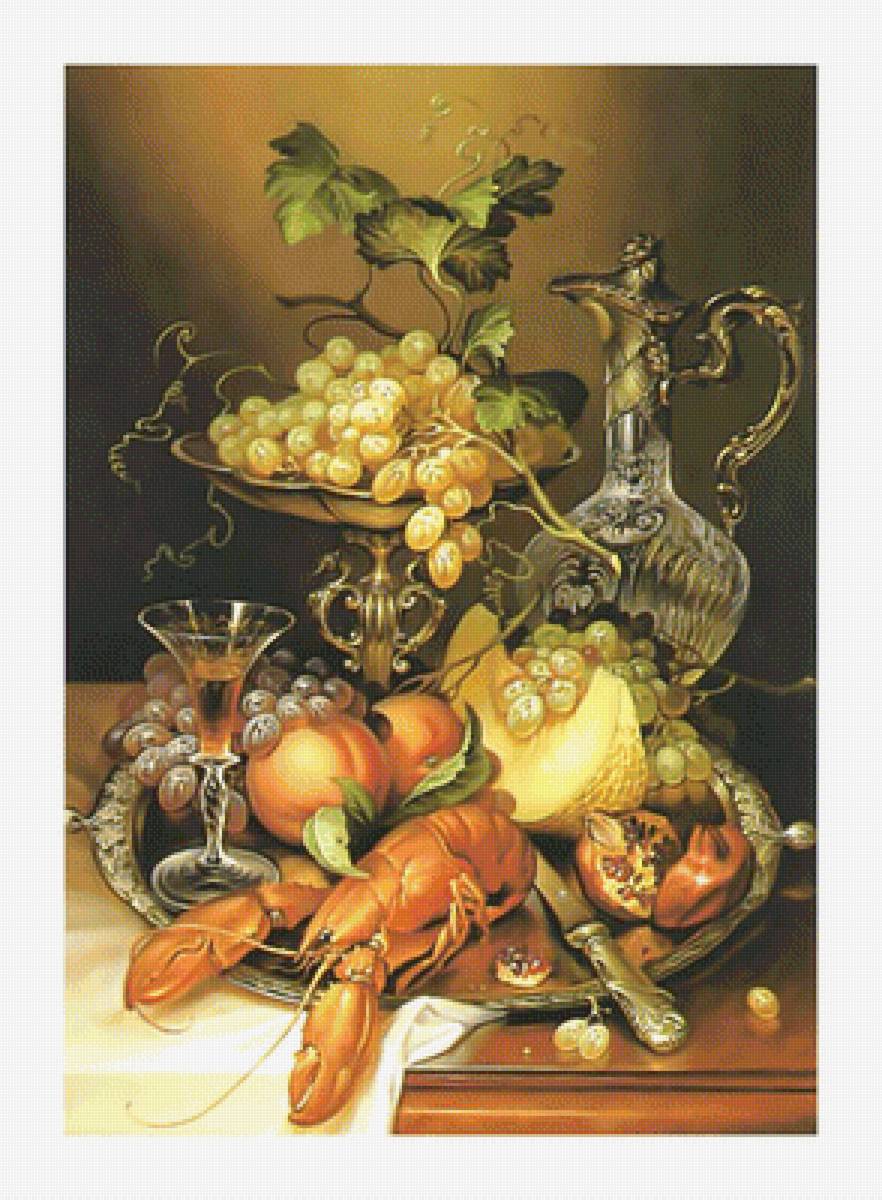 Натюрморт с раком. - бокал, натюрморт, рак., фрукты, виноград - предпросмотр