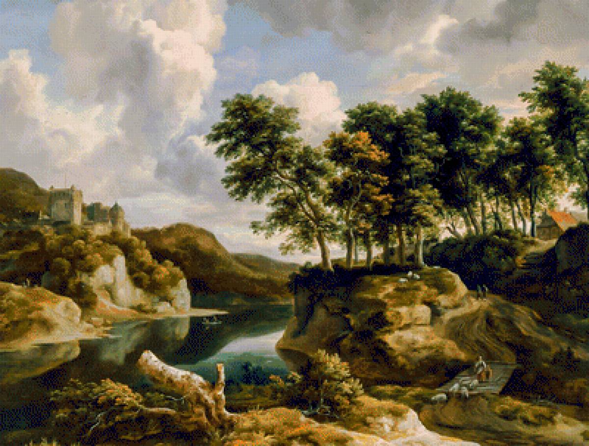 River Landscape with a Castle on a High Cliff. - landscapes.people.animals. - предпросмотр