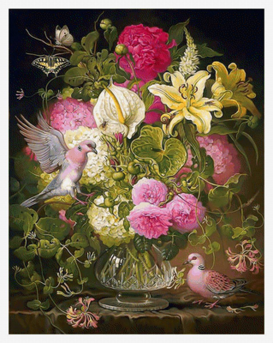 Цветочный натюрморт и голуби. - голуби., птицы, букет, цветы - предпросмотр