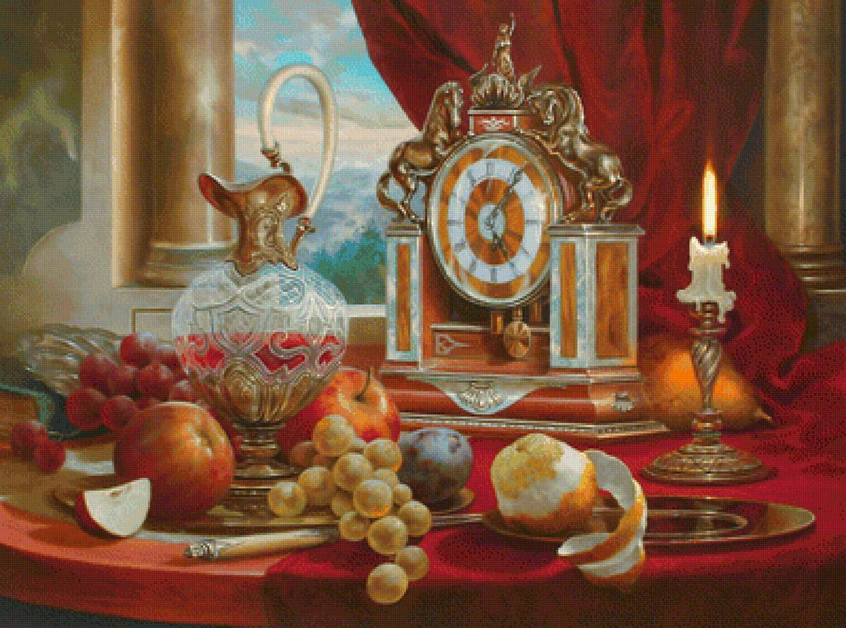 Натюрморт с часами и свечой. - фрукты, натюрморт, свеча., часы - предпросмотр