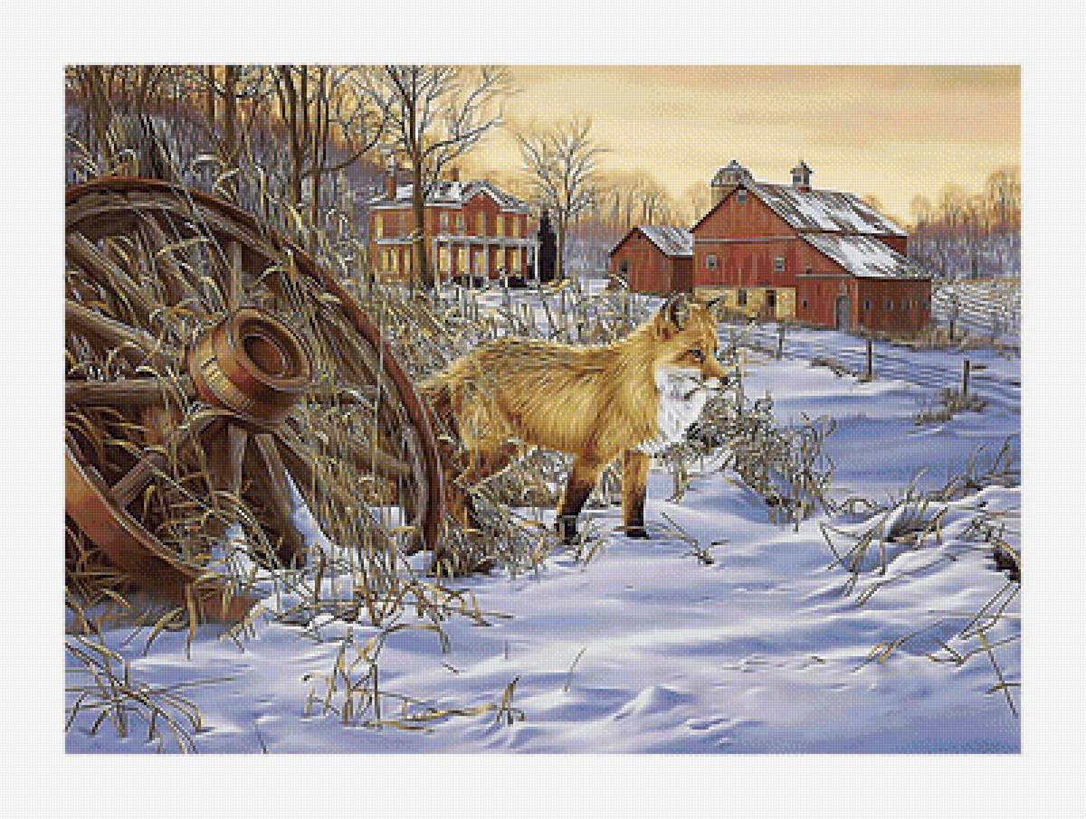 Лиса. - лиса., дом, пейзаж, лес, снег, зима - предпросмотр