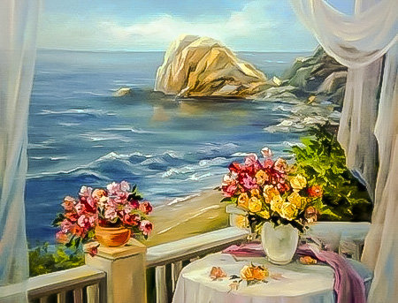 Romantic Balcony. - anca bulgaru paintings.seascape.flowers and gardens. - оригинал