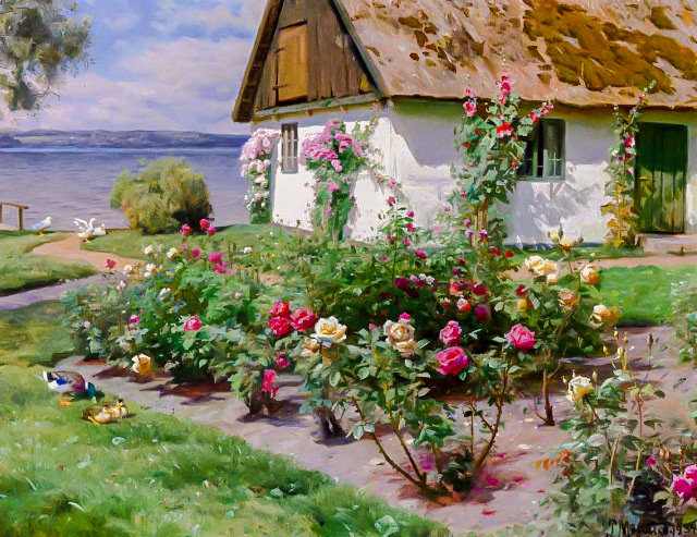 Rose Bushes and a Cottage by the Water, Sørup- - peder severin krøyer paints. seascapes.birds.flowers and gardens - оригинал