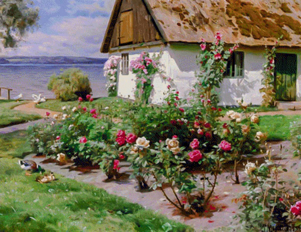 Rose Bushes and a Cottage by the Water, Sørup- - peder severin krøyer paints. seascapes.birds.flowers and gardens - предпросмотр