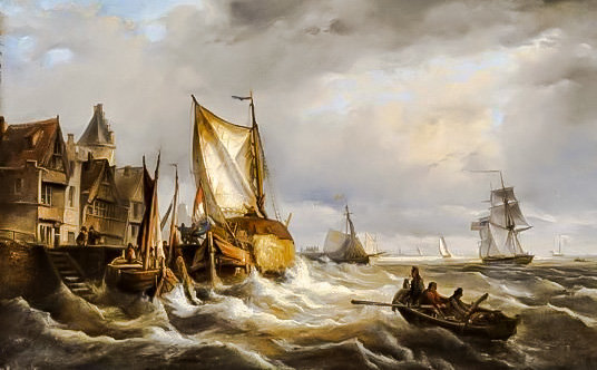 Ships in the Storm. - charles henri joseph leickert paints.seascapes.ships.people. - оригинал