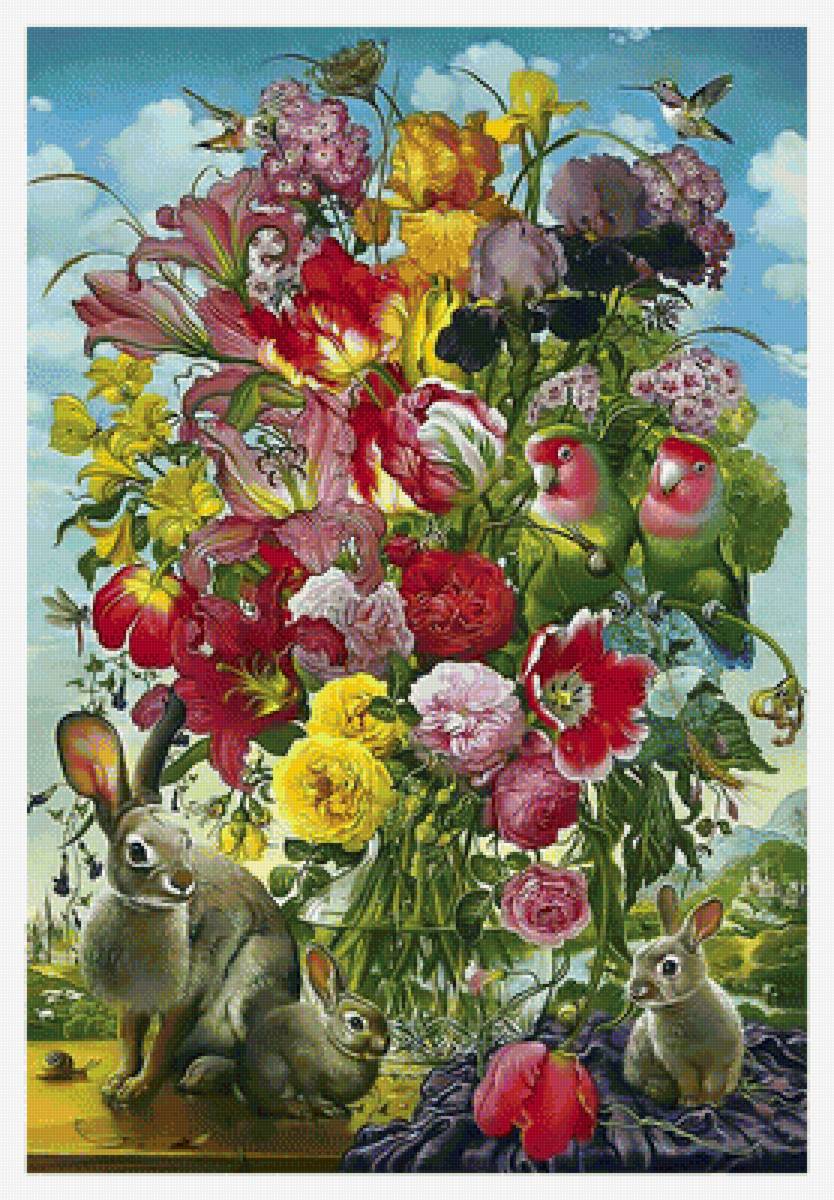 Цветочный натюрморт с зайцами и попугаями. - цветы, зайцы, попугаи., букет - предпросмотр