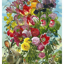 Цветочный натюрморт с зайцами и попугаями.