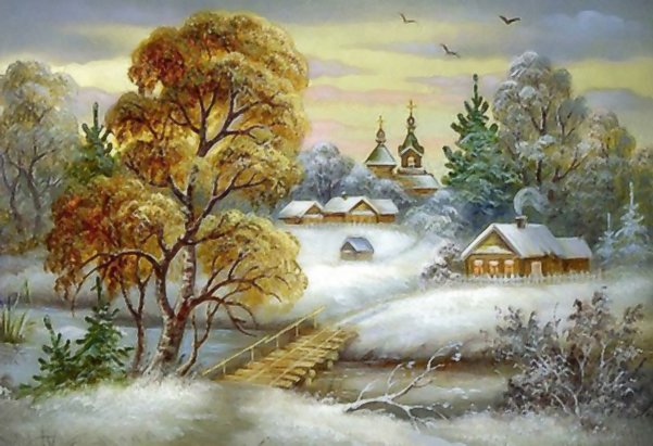 пейзаж - зима, река, домики, деревья, пейзаж - оригинал