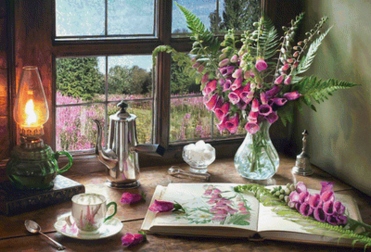 Уютный уголок. - цветы, книга, натюрморт, лампа, букет, окно - предпросмотр