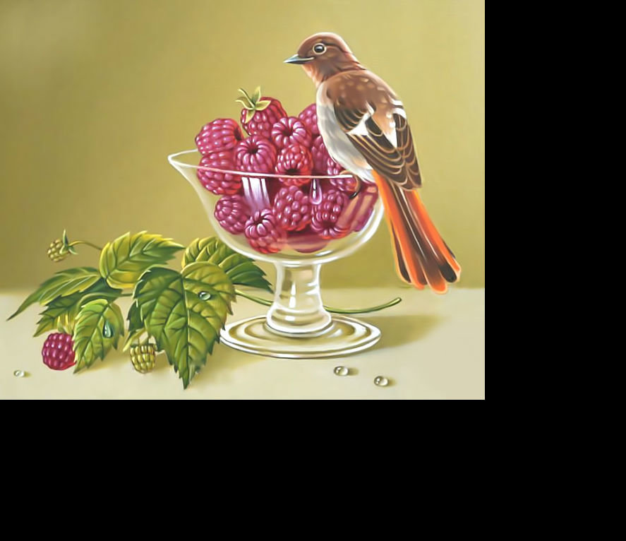 Птичка и малина. - натюрморт, малина, птица, ягоды - оригинал