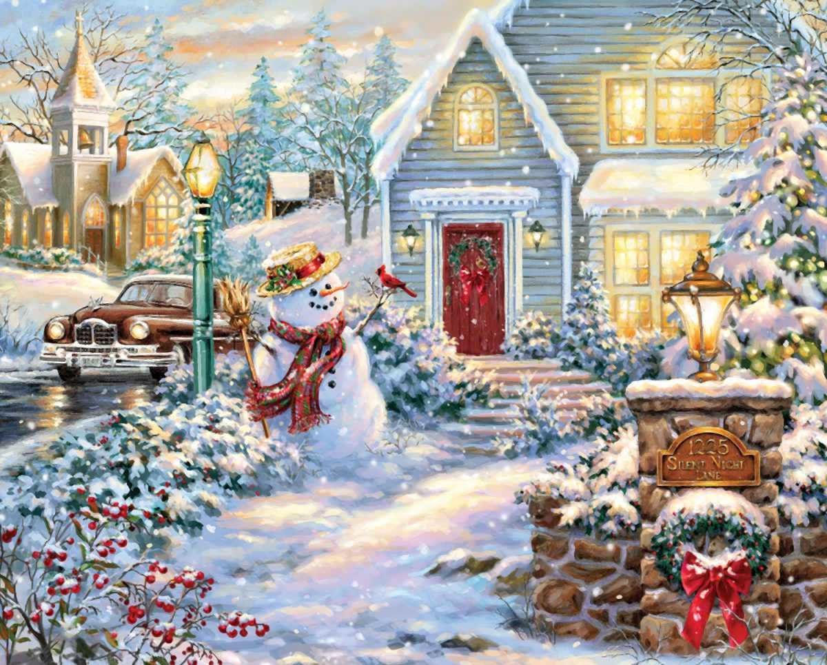 зимний вечер - зима, машина, дом, новый год, праздник, снеговик - оригинал