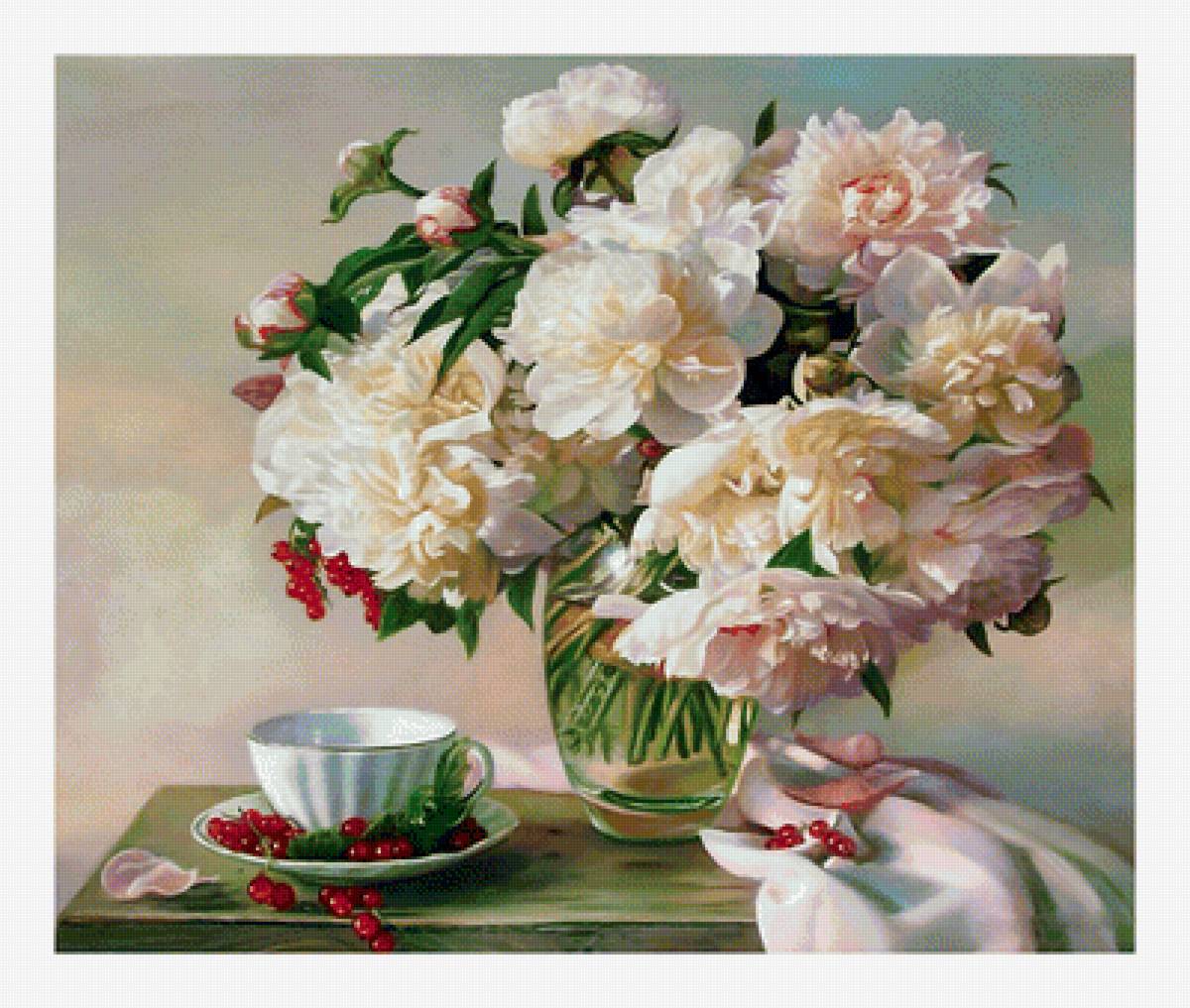 Пионы и красная смородина. - ягоды, букет, цветы, натюрморт, смородина, пионы - предпросмотр