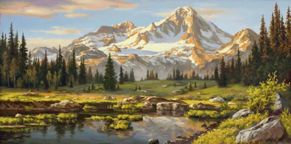 Горный пейзаж. - озеро, горы, пейзаж, лес - предпросмотр