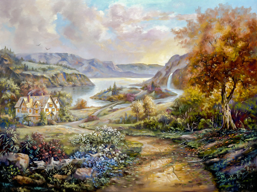The Small Waterfall of the Town. - carl valente paintings. landscape.flowers and gardens. - оригинал
