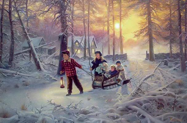 Through the Woods. - mark keathley paintings.snowscenes.children. - оригинал