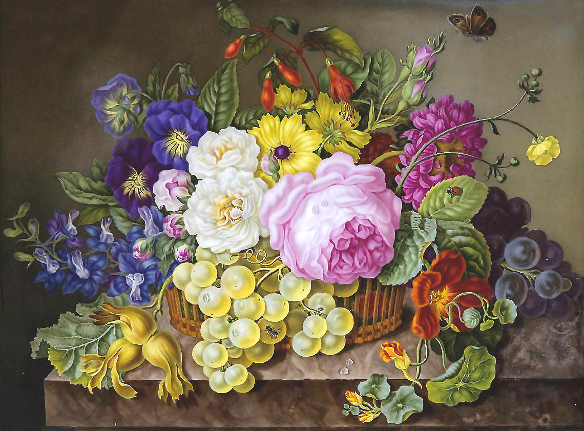 Серия "Натюрморты". - натюрморт, фрукты, виноград, цветы - оригинал