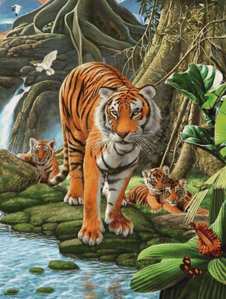 Jungle tiger. Тигр в джунглях. Пейзаж с тигром. Обитатели джунглей. Звери джунгли.
