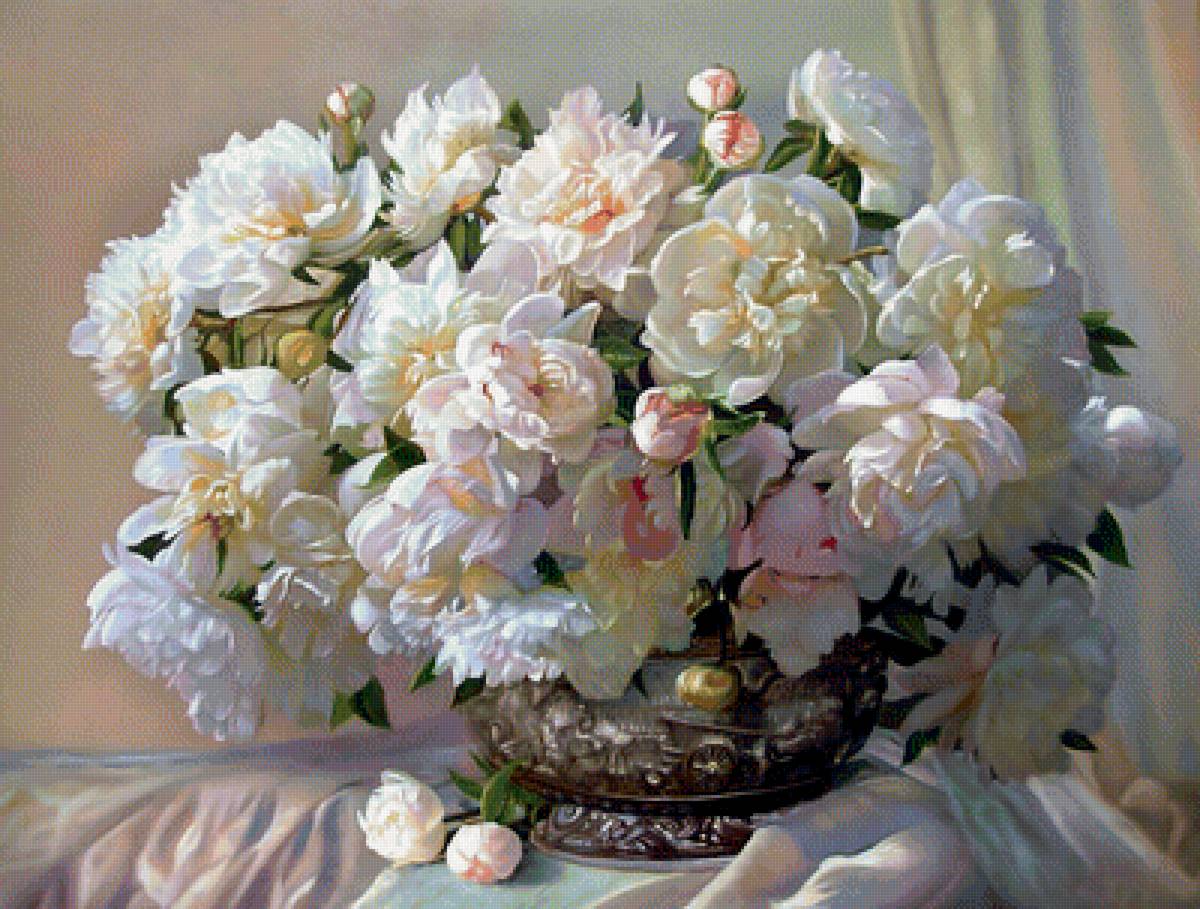 Нежные белые пионы. - живопись, цветы, букет, картина, пионы - предпросмотр