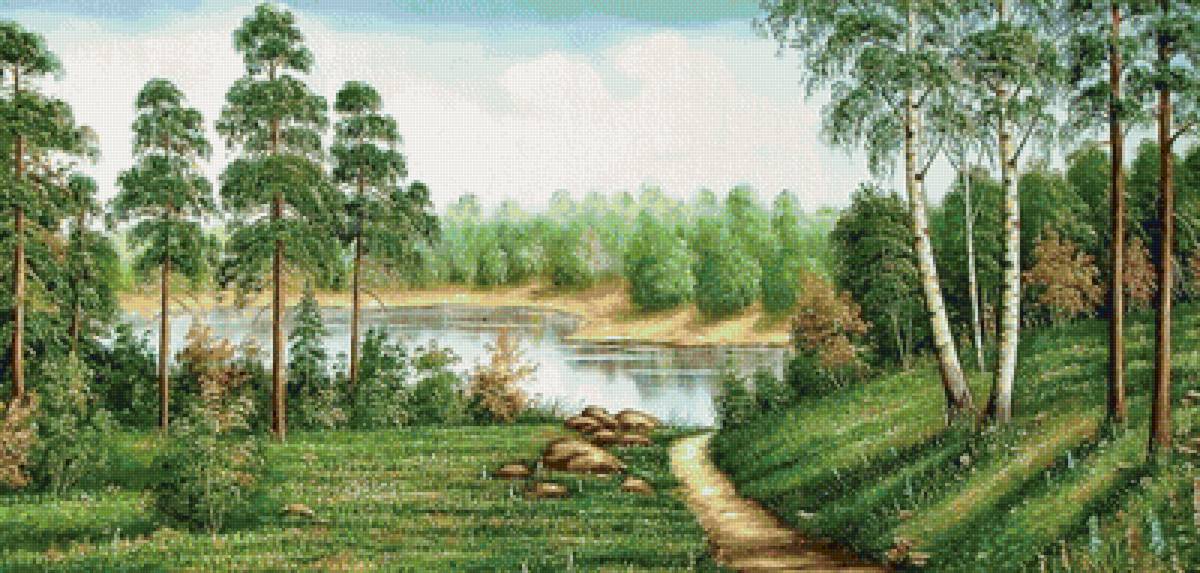 пейзаж - березы, река, сосны, пейзаж - предпросмотр