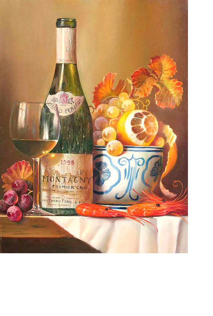 Натюрморт с шампанским и креветками. - натюрморт, фрукты, креветки, шампанское, бокал - оригинал