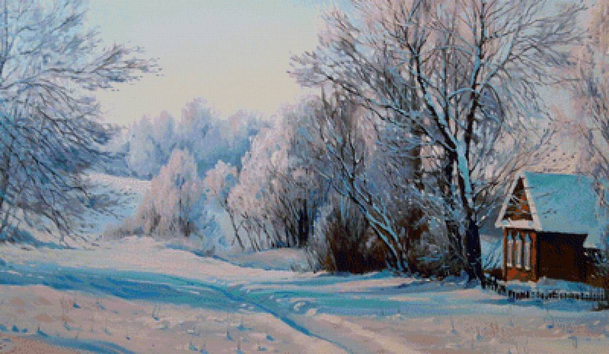 зима - пейзаж, домик, зима, картина - предпросмотр