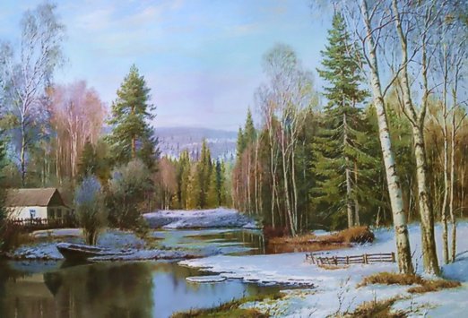 пейзаж - река, весна, пейзаж, домик, деревья - оригинал