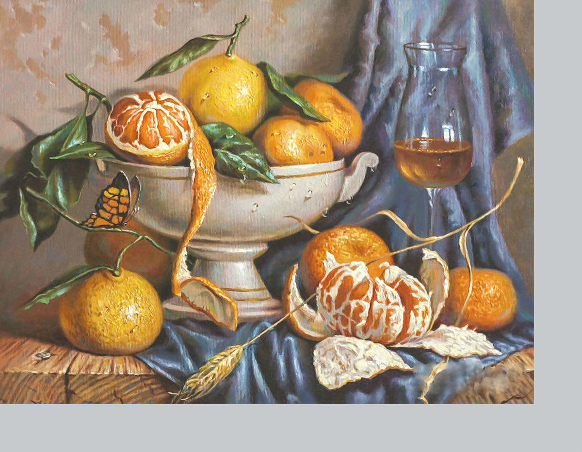 Натюрморт с мандаринами. - живопись, бокал, мандарины, натюрморт, бабочка - оригинал