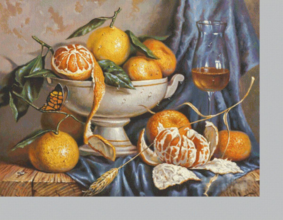 Натюрморт с мандаринами. - мандарины, бокал, бабочка, живопись, натюрморт - предпросмотр