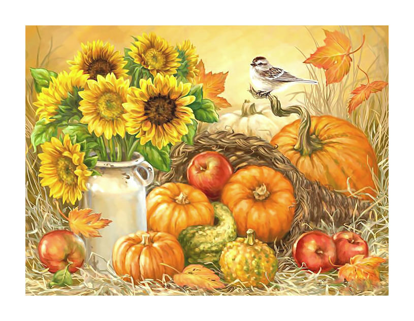 Осенний урожай. - овощи, подсолнухи, цветы, яблоки, птицы, осень, тыква, урожай - оригинал