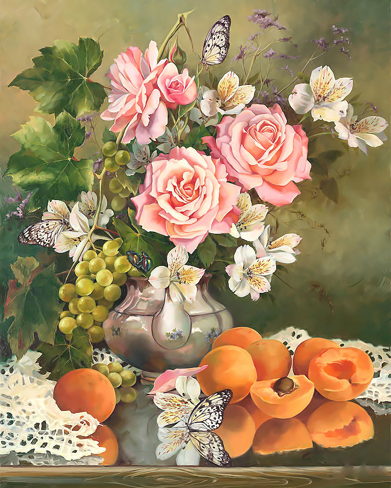 Натюрморт с абрикосами и бабочками. - цветы, бабочки, живопись, натюрморт, фрукты, букет - оригинал