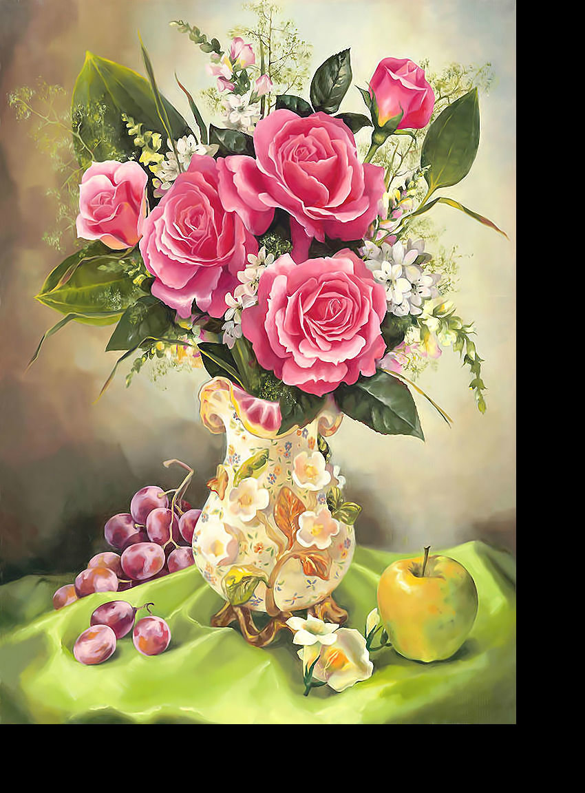 Цветочный натюрморт. - ваза, яблоко, натюрморт, розы, виноград, цветы, букет - оригинал