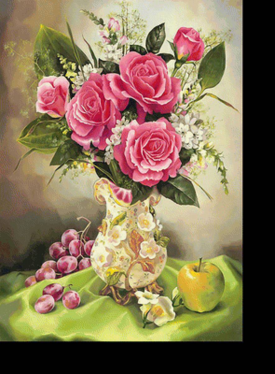 Цветочный натюрморт. - ваза, розы, букет, цветы, виноград, натюрморт, яблоко - предпросмотр