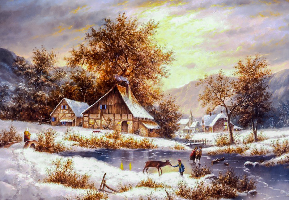 Amber Sky of Winter. - dennis lewan painter.snowscenes.people.animals. - оригинал