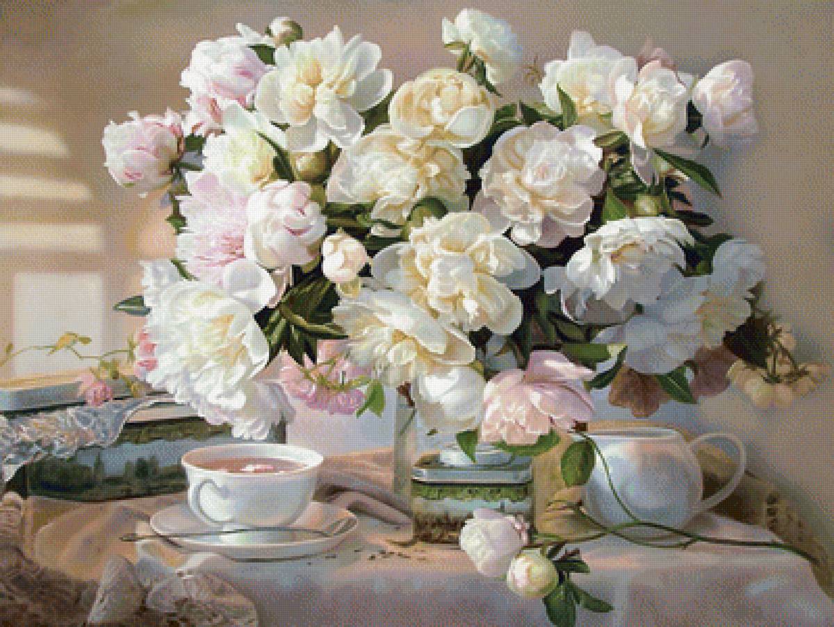 Цветочный натюрморт с чаем. - чашка, чай, живопись, букет, натюрморт, цветы - предпросмотр