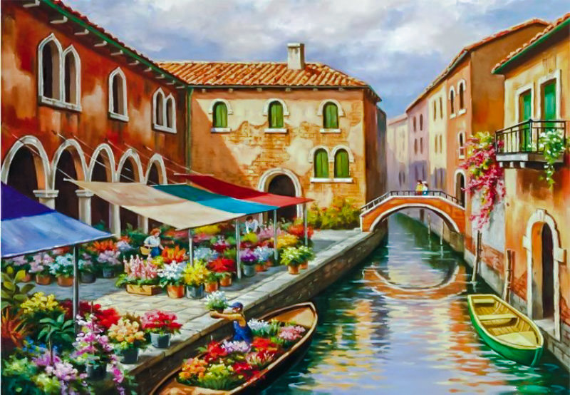 Flower Market on the Canal. - sung kim art.cityscape.people.flowers and gardens. - оригинал