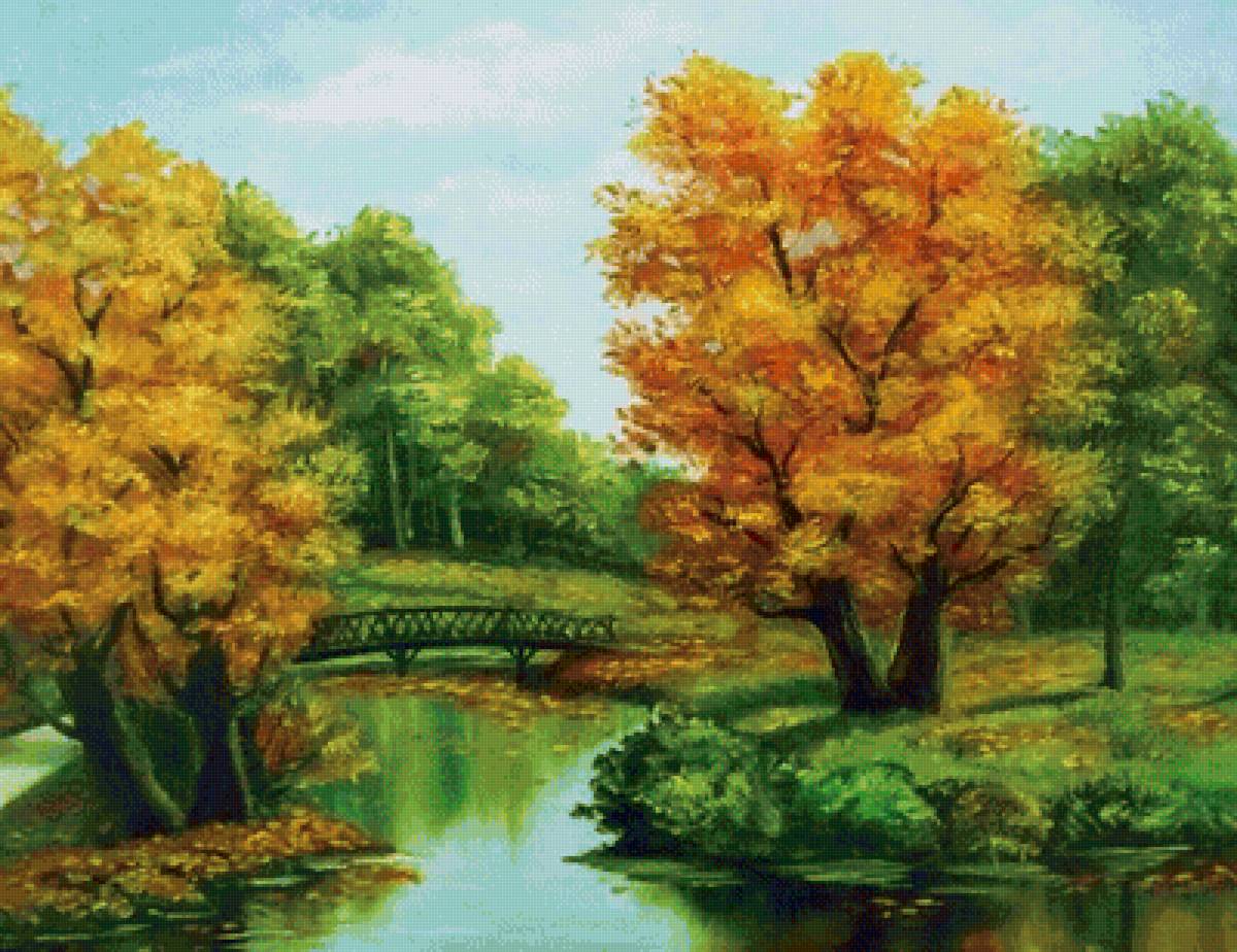 осень в парке - пейзаж, мостик, осень, парк, пруд - предпросмотр