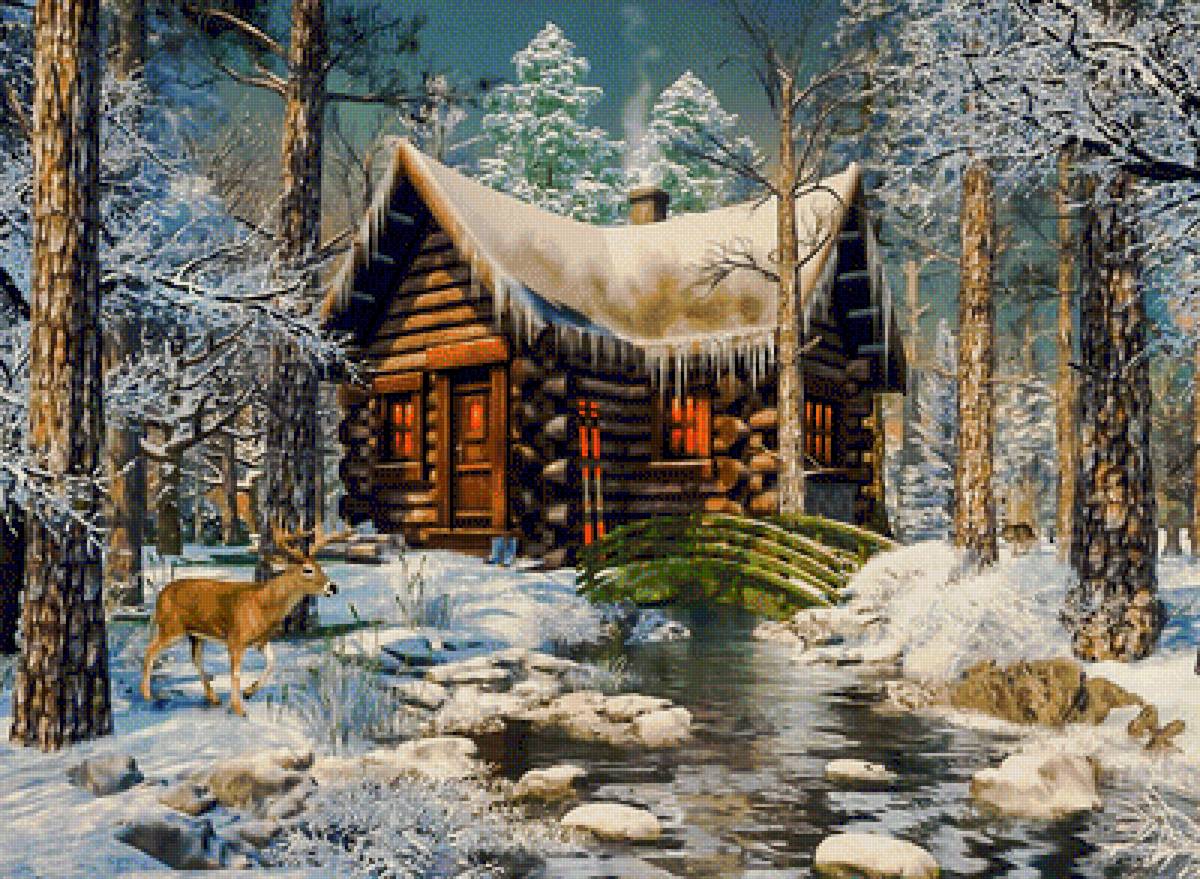Forest Cabin Retreat. - snowscapes.animals. - предпросмотр