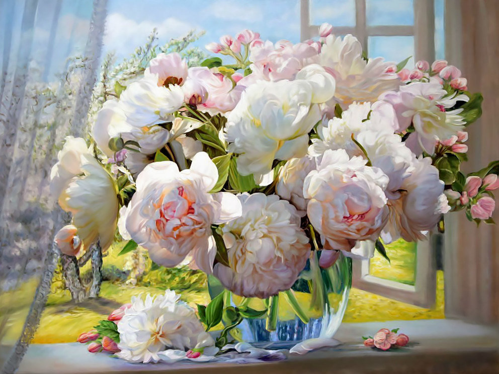 Букет на окне. - цветы, букет, пионы, окно - оригинал