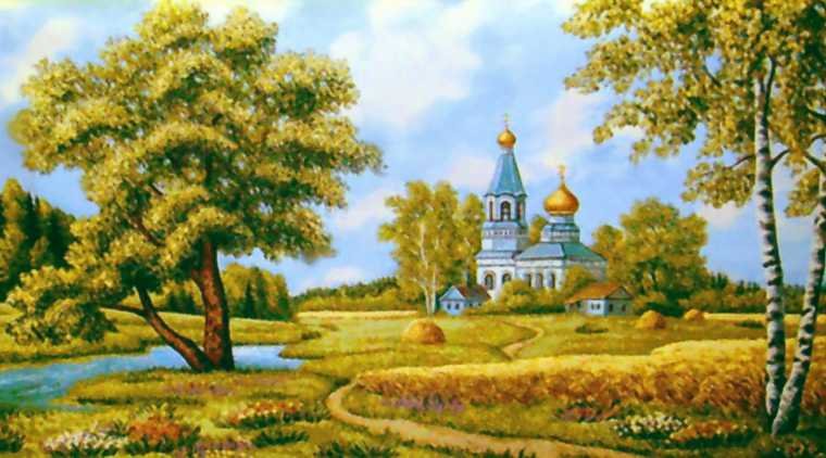 Родной край - храм, пейзаж, деревья, река, осень, березы - оригинал