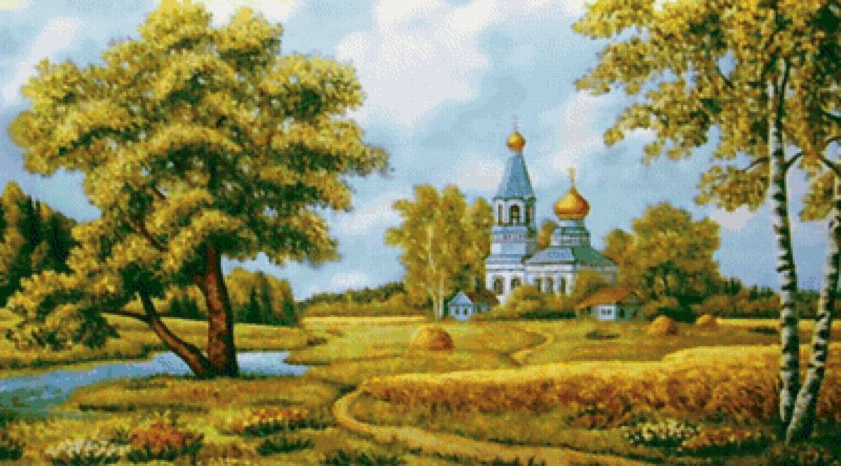 Родной край - храм, осень, березы, пейзаж, деревья, река - предпросмотр
