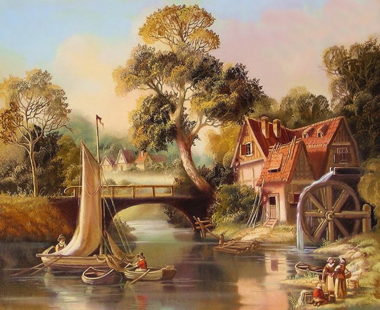 Голландия - мельница, картина, лодки, домик, голландия, река - оригинал