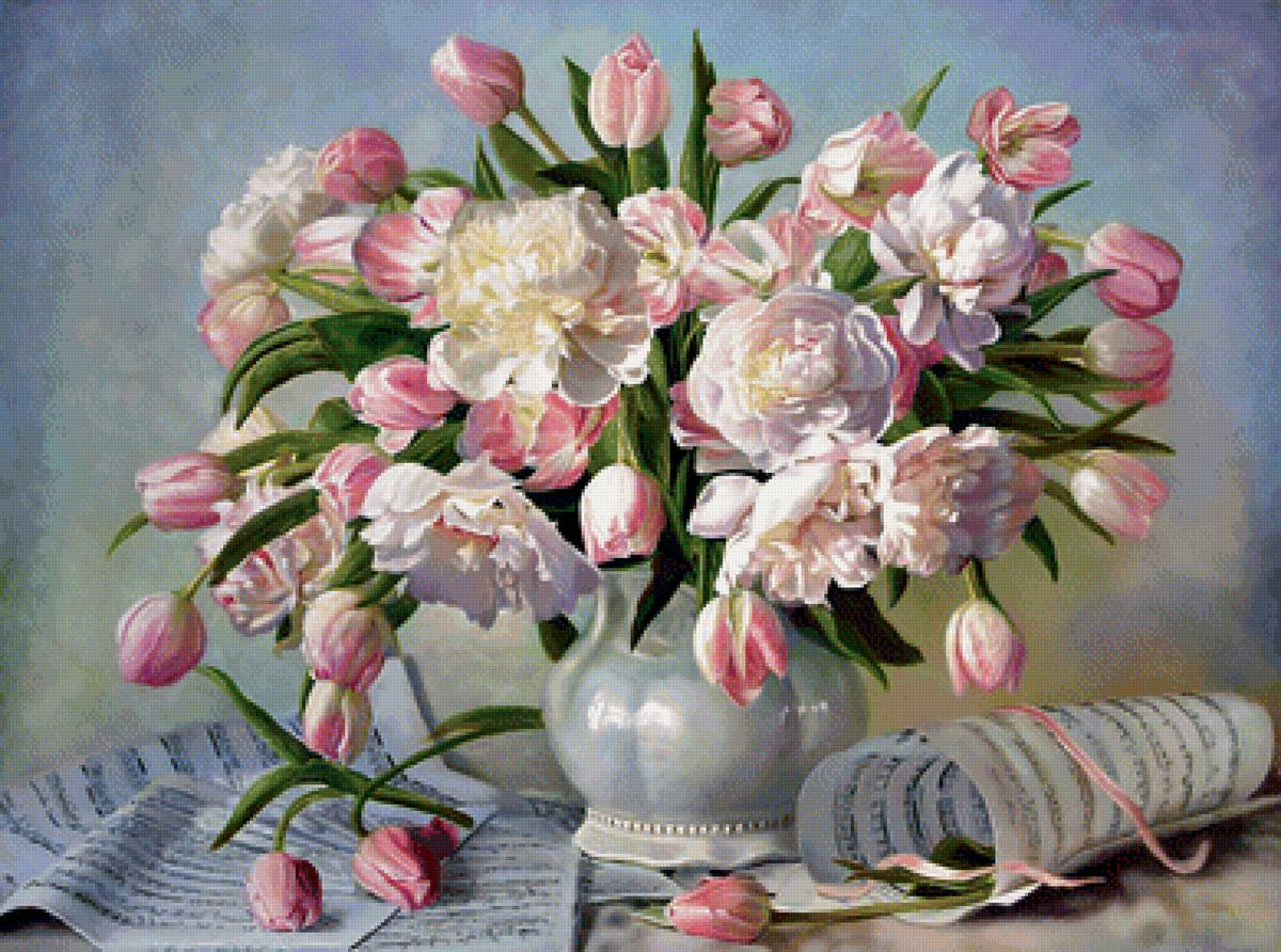 Букет и ноты. - букет, цветы, ноты, пионы, тюльпаны - предпросмотр