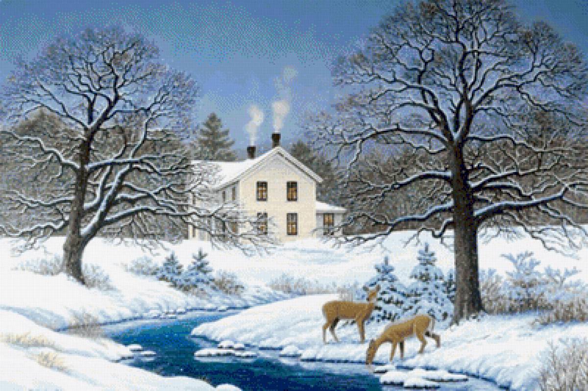 зимний вечер - деревья, зима, домик, река - предпросмотр