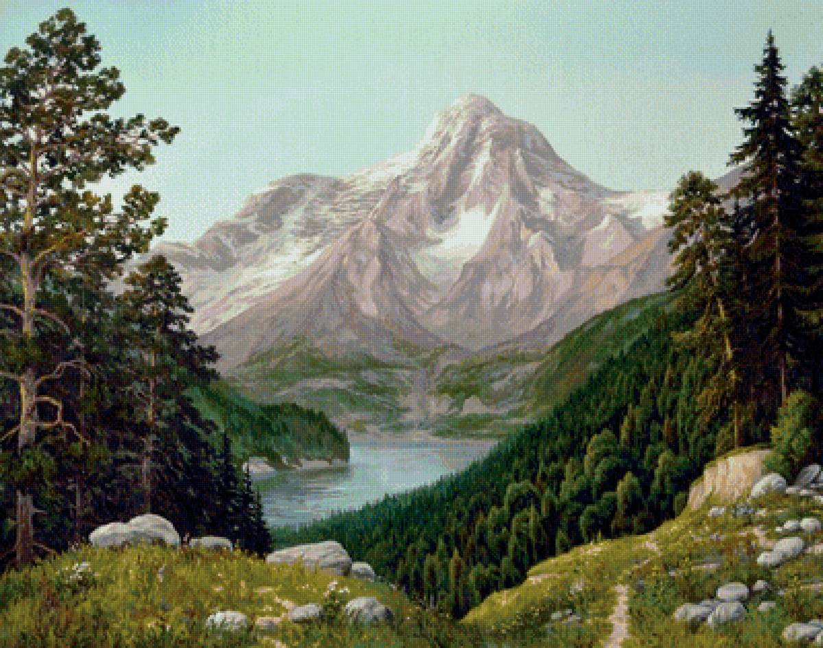 горный пейзаж - природа, сосны, пейзаж, озеро, горы - предпросмотр