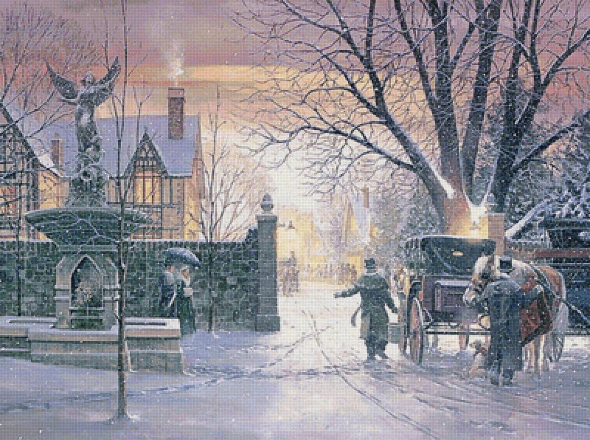 зимний вечер - картина, зима, вечер, улочка, снег - предпросмотр