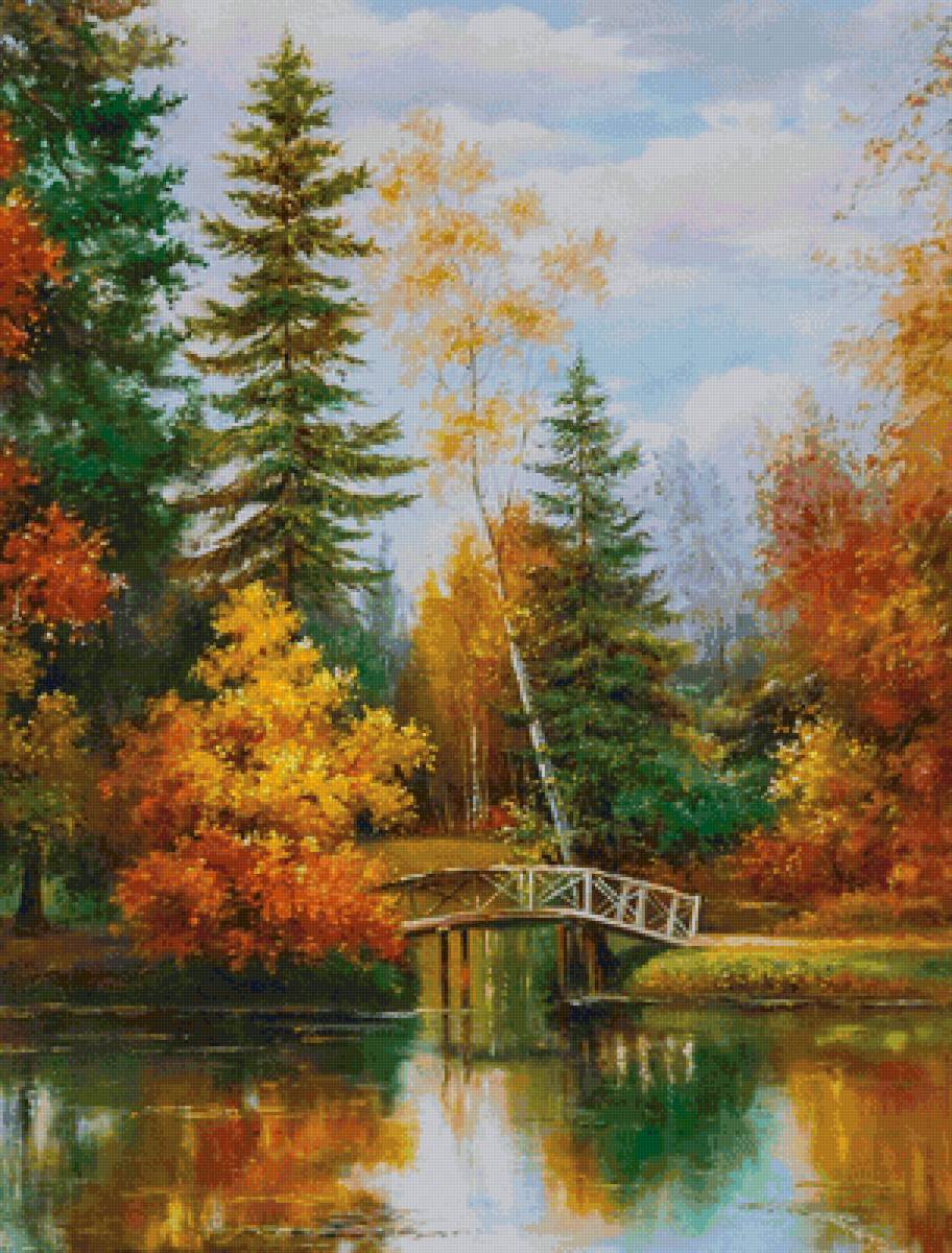 осень - деревья, пейзаж, пруд, мостик, осень - предпросмотр