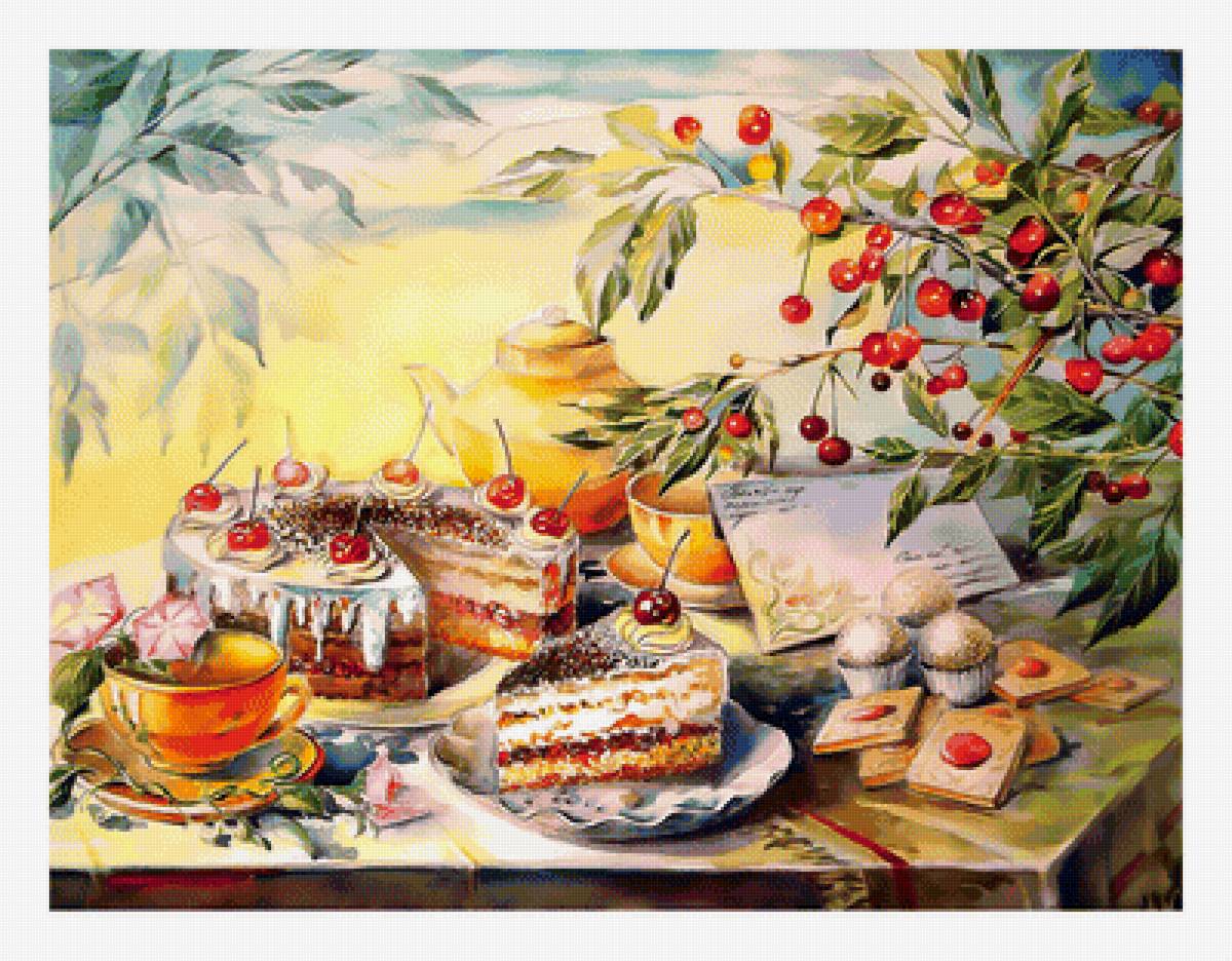 Натюрморт с тортиком. - чай, торт, натюрморт, вишня - предпросмотр